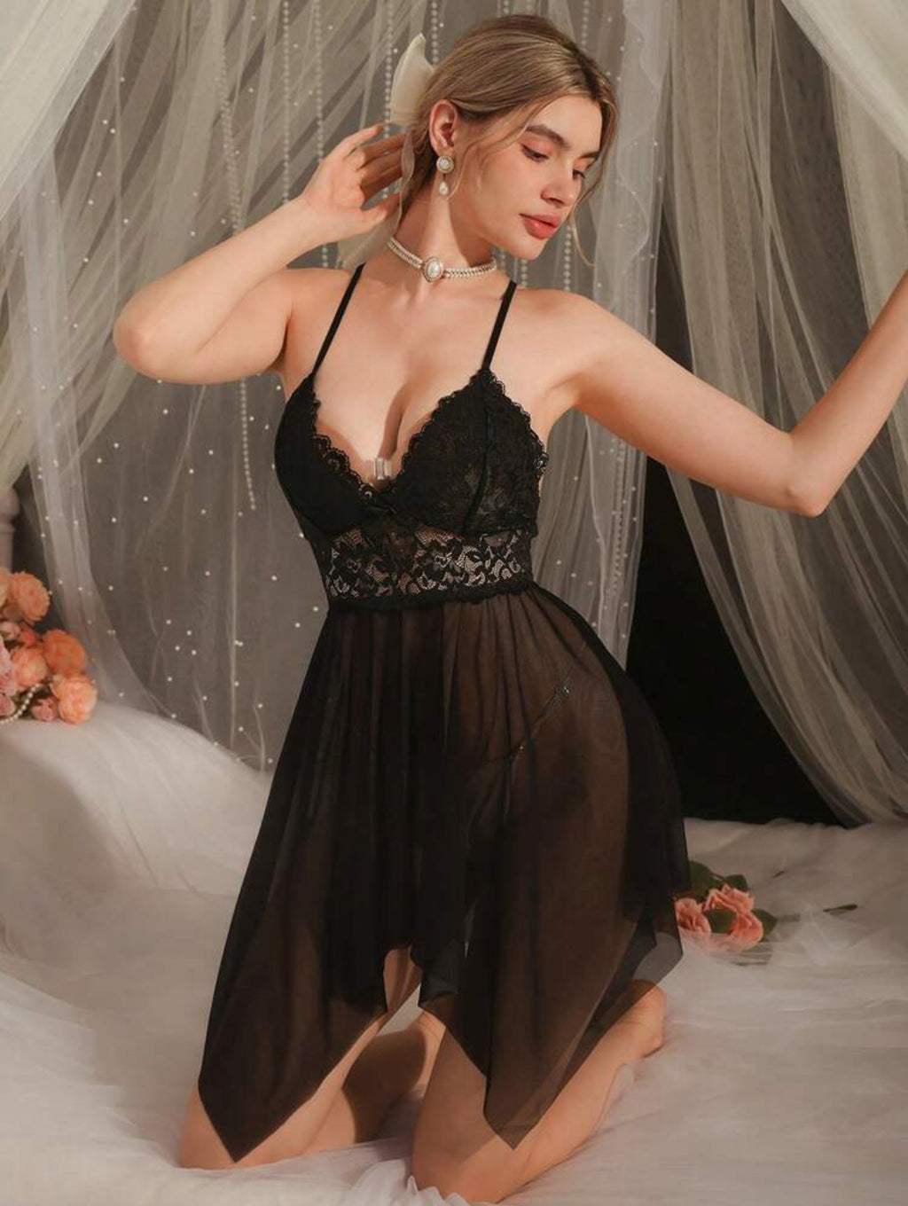 Gece Yıldızı Dantel Baby Doll(TANGA HEDİYELİ)