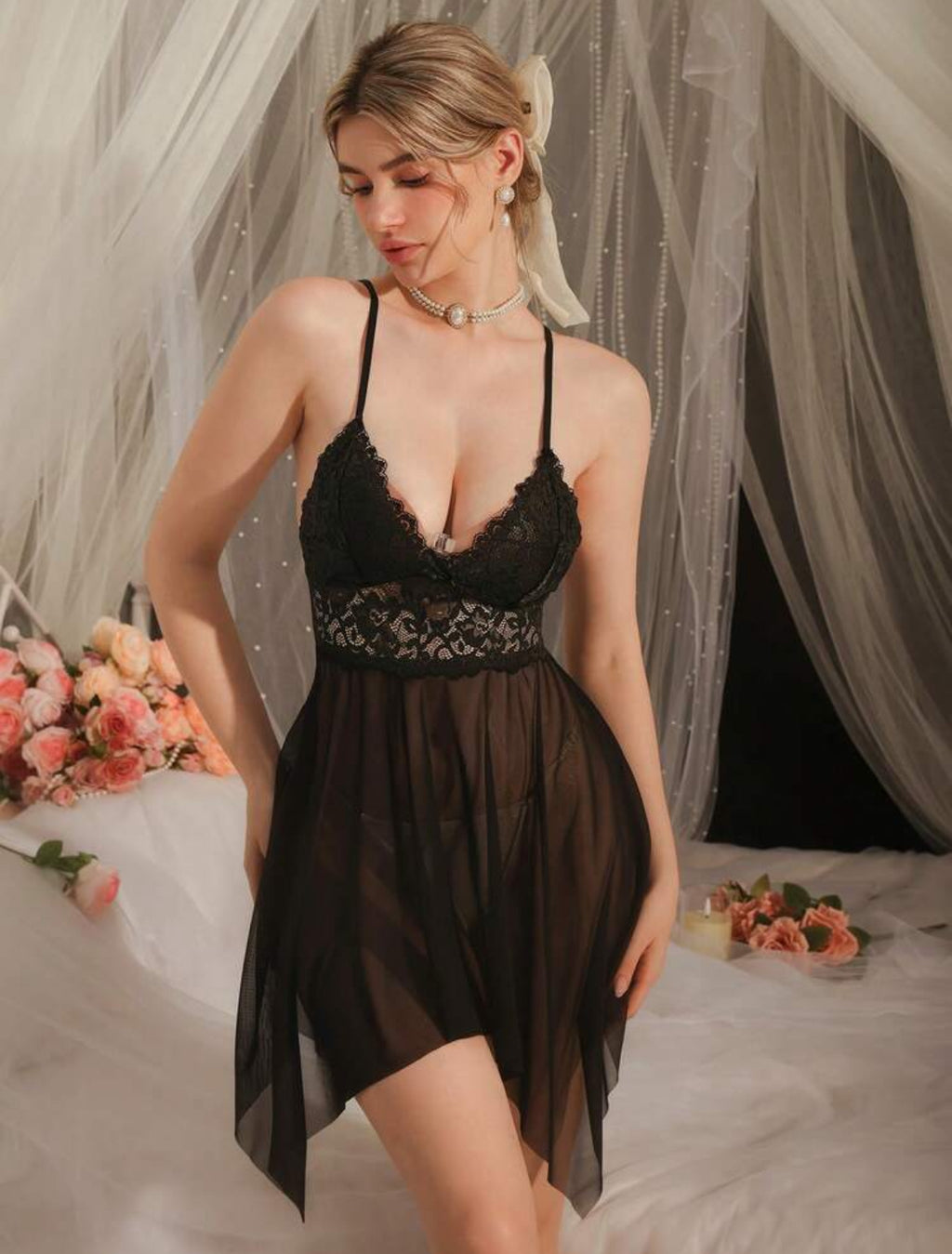 Gece Yıldızı Dantel Baby Doll(TANGA HEDİYELİ)