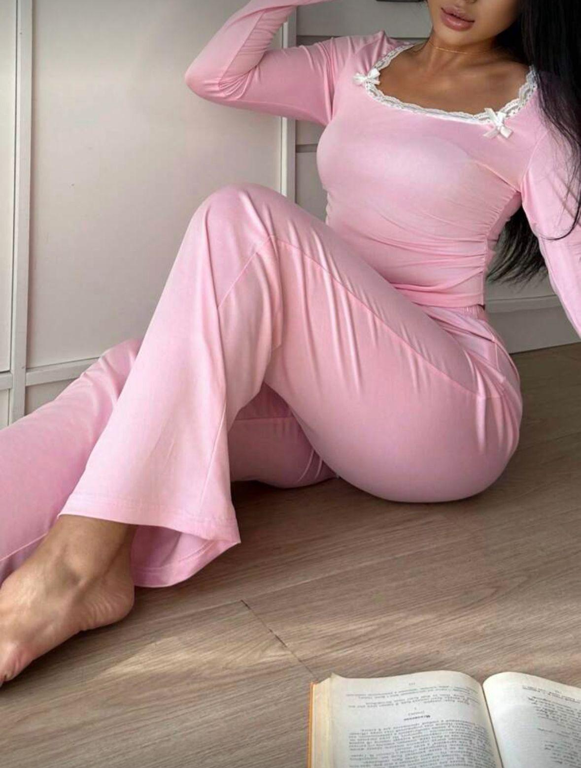 Pembe Dantelli Fiyonk Detaylı Uzun Pamuk Viskon Pijama Takımı