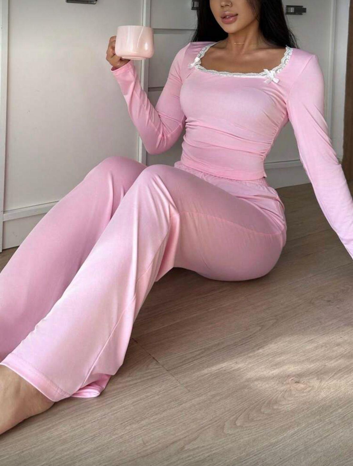 Pembe Dantelli Fiyonk Detaylı Uzun Pamuk Viskon Pijama Takımı