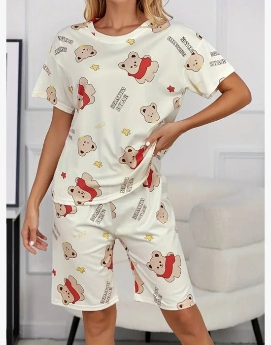 Krem mikro Ayıcık Baskılı Şortlu Pijama Takımı
