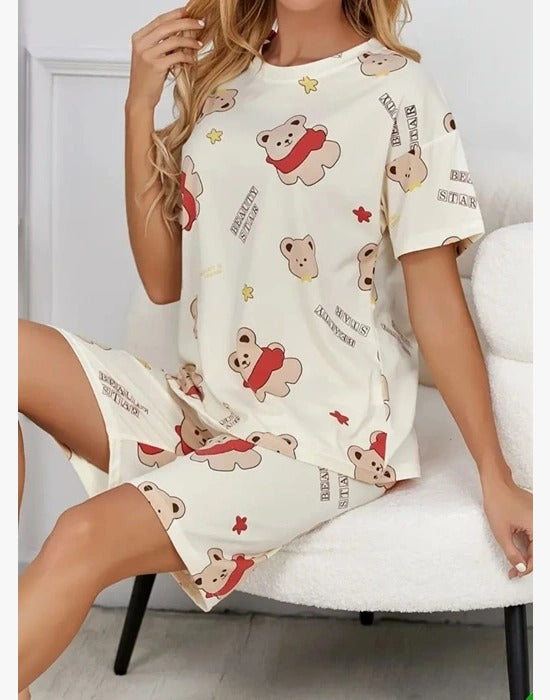 Krem mikro Ayıcık Baskılı Şortlu Pijama Takımı