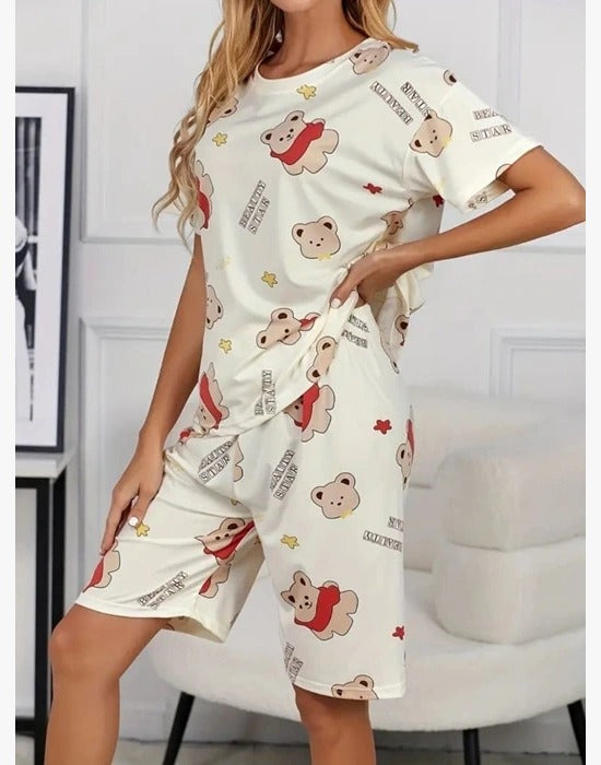 Krem mikro Ayıcık Baskılı Şortlu Pijama Takımı