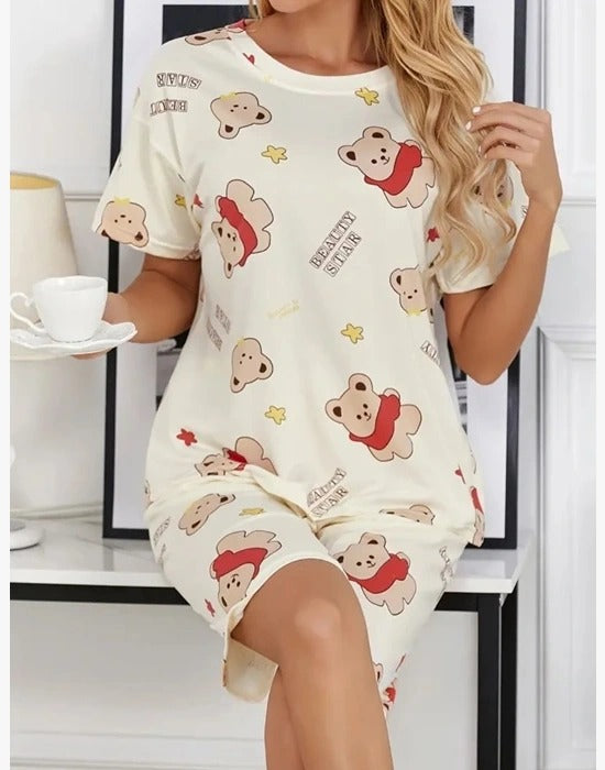 Krem mikro Ayıcık Baskılı Şortlu Pijama Takımı