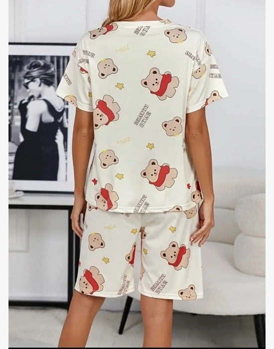 Krem mikro Ayıcık Baskılı Şortlu Pijama Takımı