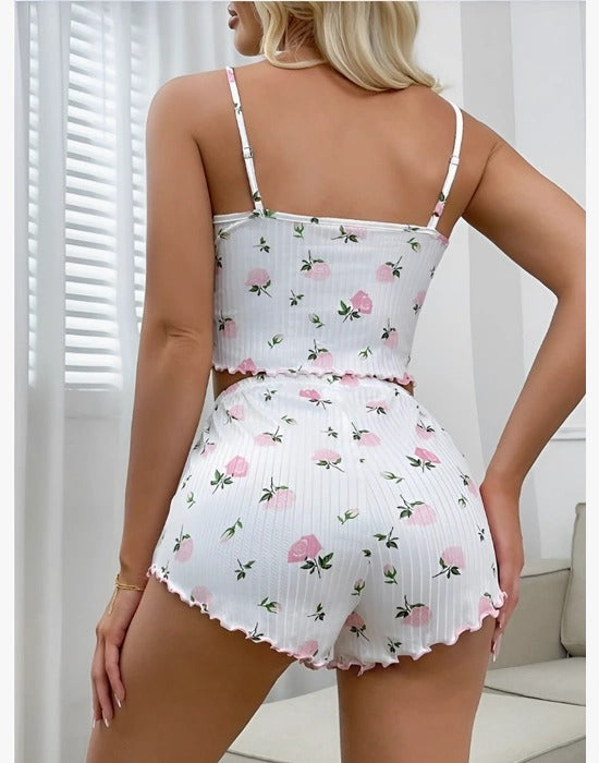 Kadın Süt Beyaz Gül Desenli Şortlu Pijama Takımı