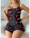 Kadın Siyah Öpücük Desenli Şortlu Pijama Takımı