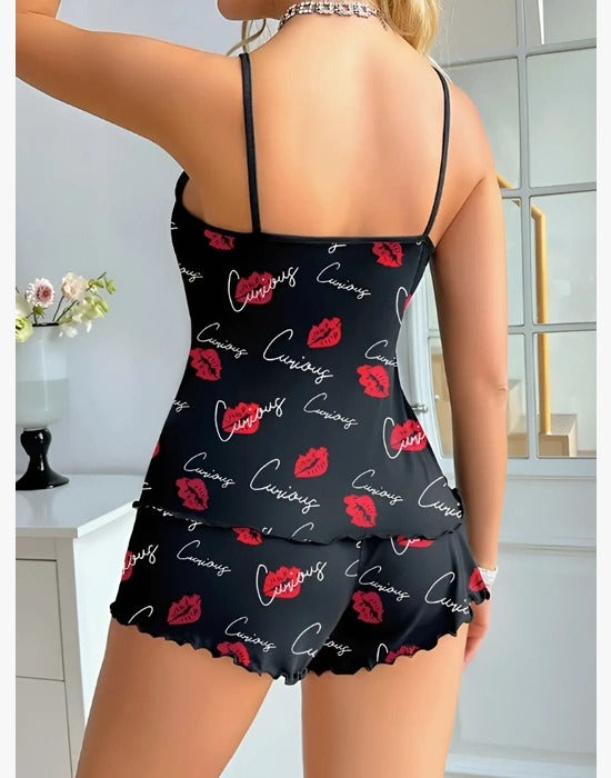 Kadın Siyah Öpücük Desenli Şortlu Pijama Takımı