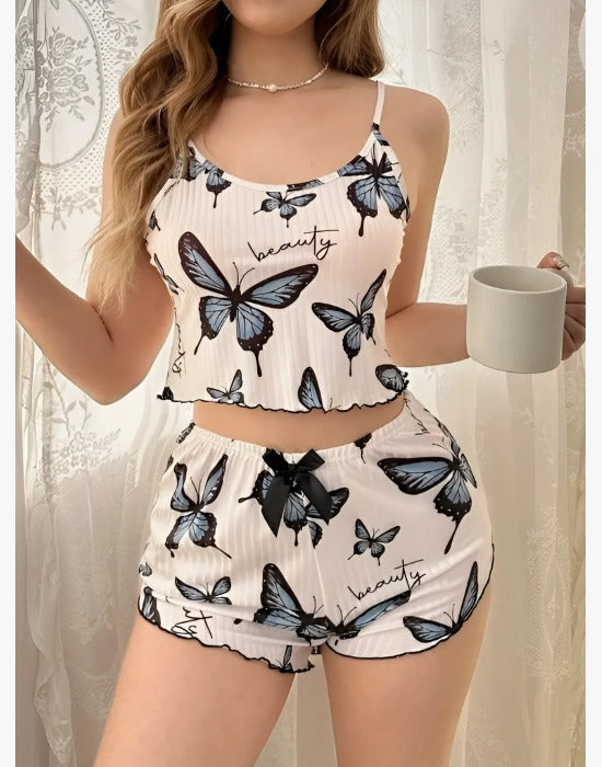 Kadın Kelebek Baskılı Fiyonk Detaylı Şortlu Pijama Takımı