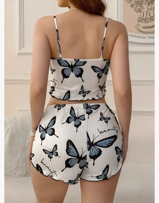 Kadın Kelebek Baskılı Fiyonk Detaylı Şortlu Pijama Takımı