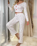 Beyaz Uzun Kollu Pamuklu Kalpli Fiyonklu Pijama Takım